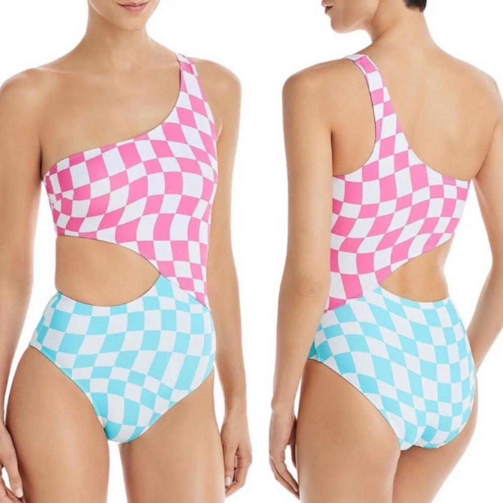 Bloomie’s X solid & striped Claudia one shoulder bikini swimsuit